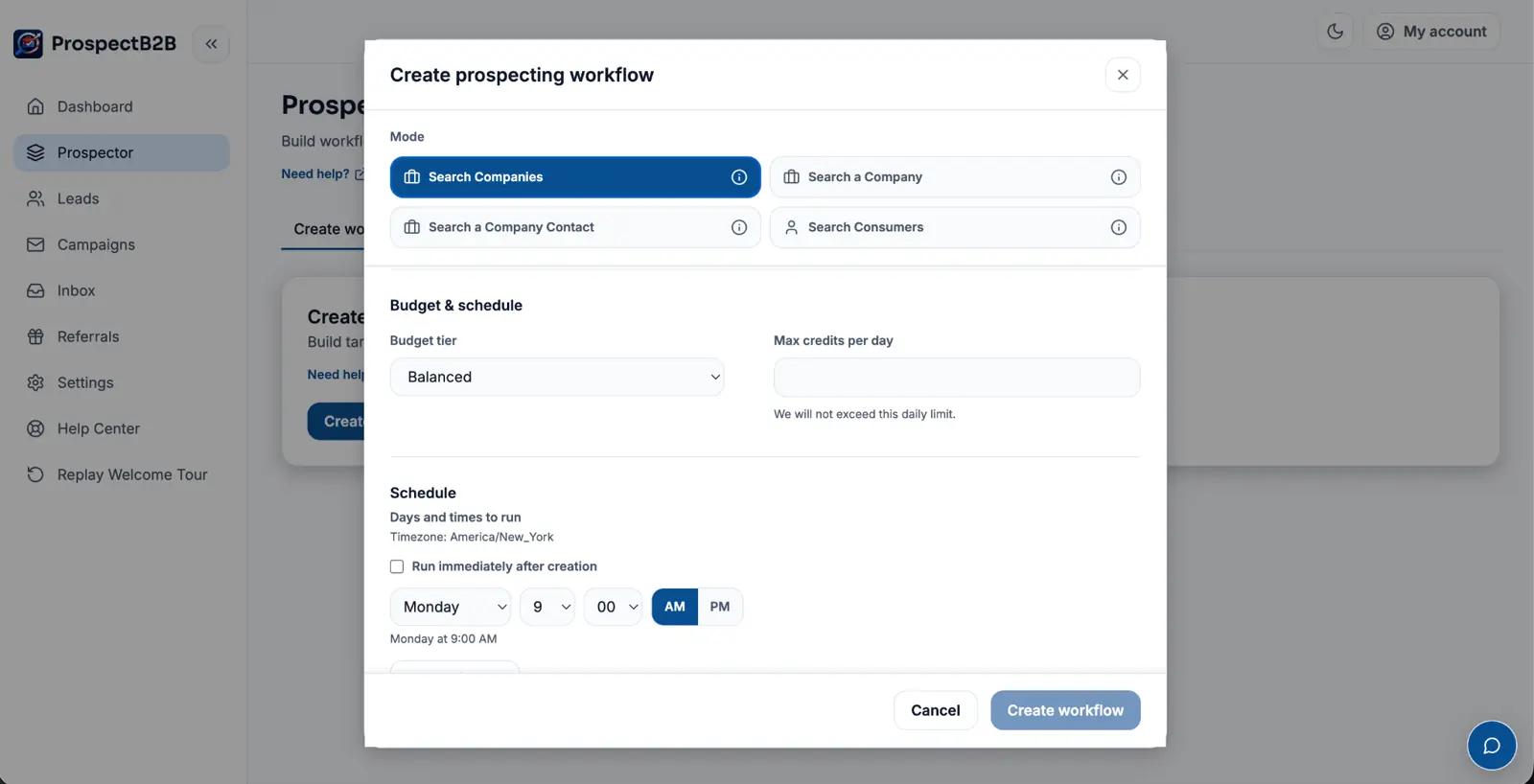 ProspectB2B lead prospecting dashboard showing B2B companies and contacts
