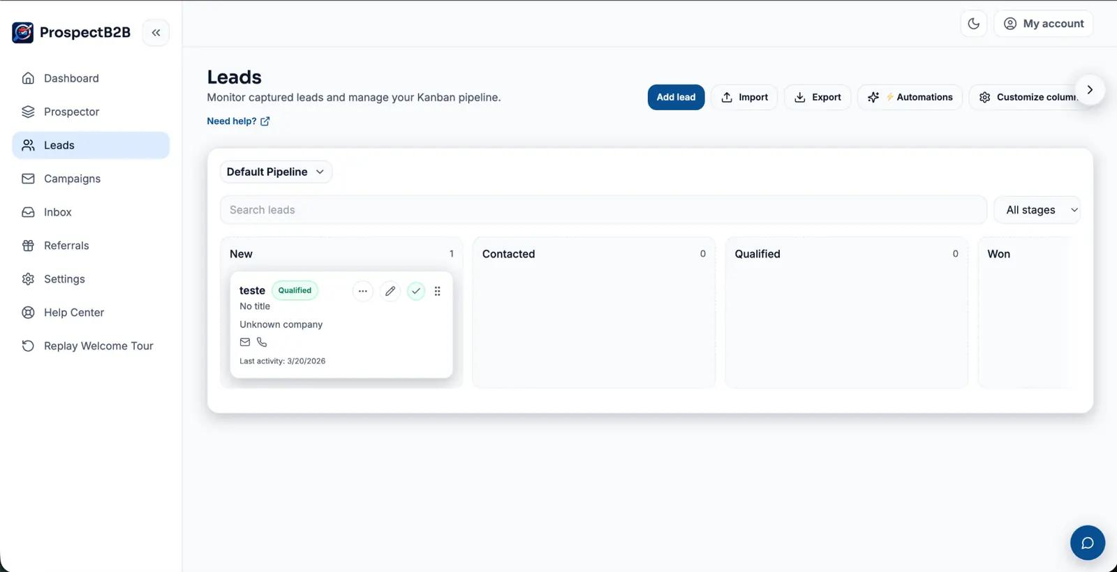 ProspectB2B Kanban pipeline for managing outbound leads